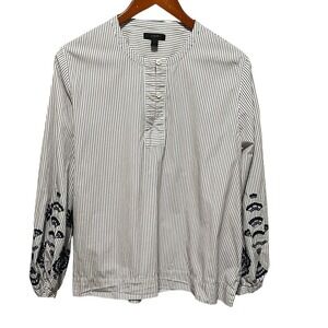 J Crew Womens Peasant Boho Cottage Top‎ L Stripe Embroidered Tie Back Parisian